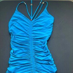 Beaded Blue Halter Strap Dress with Scrunch Detail